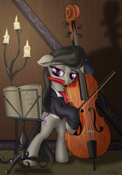 Size: 1400x2000 | Tagged: safe, artist:awalex, octavia melody, earth pony, pony, bipedal, bow (instrument), candle, cello, cello bow, clothes, female, fire, hoof hold, mare, mouth hold, musical instrument, necktie, quill, smiling, solo, suit