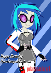 Size: 4589x6585 | Tagged: safe, artist:adammasterart, artist:pyrotempertantrum, dj pon-3, vinyl scratch, equestria girls, abstract background, absurd resolution, birthday, clothes, cosplay, costume, inkscape, looking at you, solo, vector