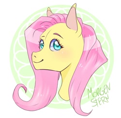 Size: 960x938 | Tagged: safe, artist:03morgenstern09, fluttershy, pegasus, pony, bust, female, looking at you, looking sideways, mare, portrait, smiling, solo, three quarter view