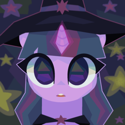 Size: 1280x1280 | Tagged: safe, artist:talentspark, derpibooru import, twilight sparkle, unicorn twilight, pony, unicorn, abstract background, cape, clothes, cute, female, glowing horn, hat, horn, looking at you, open mouth, solo, sorceress, stars, twiabetes, witch, witch hat