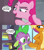 Size: 1280x1441 | Tagged: safe, edit, edited screencap, screencap, pinkie pie, smolder, spike, dragon, earth pony, pony, molt down, season 8, spoiler:s08, bad idea, broom closet, dejected, hide and seek, molting, sad, school of friendship, speech bubble, stone scales, text, this will not end well