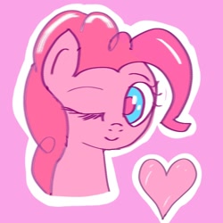 Size: 908x908 | Tagged: safe, artist:fork, pinkie pie, earth pony, pony, heart, one eye closed, pink, pink background, simple background, solo, wink, 호엑