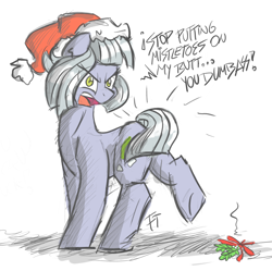 Size: 2792x2782 | Tagged: safe, artist:flutterthrash, limestone pie, earth pony, pony, angry, christmas, dialogue, female, hat, mare, mistletoe, mistletoe abuse, open mouth, plot, raised leg, santa hat, simple background, solo, underhoof, vulgar, white background, yelling