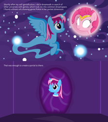 Size: 4096x4608 | Tagged: safe, artist:parclytaxel, pinkie pie, oc, oc:parcly taxel, alicorn, earth pony, genie pony, pony, .svg available, absurd resolution, ain't never had friends like us, albumin flask, alicorn oc, ask, comic, dream orbs, dream realm, dream walker, dreamscape, female, floating, genie, glowing eyes, horn ring, mare, one eye closed, portal, tumblr, vector, wink