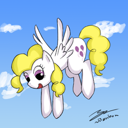 Size: 900x900 | Tagged: safe, artist:b0nbon, surprise, pegasus, pony, g1, female, flying, g1 to g4, generation leap, mare, sky, smiling, solo