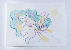 Size: 1200x844 | Tagged: safe, artist:dawnfire, princess celestia, alicorn, pony, commission, flying, solo, sun, traditional art