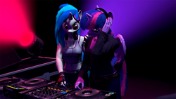 Size: 1920x1080 | Tagged: safe, artist:reufmet, dj pon-3, twilight sparkle, twilight sparkle (alicorn), vinyl scratch, alicorn, anthro, 3d, belly button, dj booth, headphones, music, nightclub, source filmmaker, spotlight, teaching, turntable