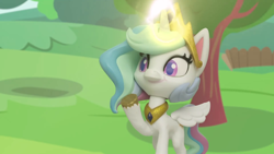 Size: 1920x1080 | Tagged: safe, screencap, princess celestia, alicorn, pony, my little pony: pony life, my little pony: stop motion short, the great race (short), crown, duckery in the comments, female, jewelry, magic, magic aura, mare, raised hoof, regalia, smiling, solo, stop motion, tree, wings