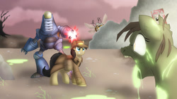 Size: 1920x1080 | Tagged: safe, artist:faith-wolff, pinkie pie, oc, oc:cogs fixmore, earth pony, ghoul, pony, robot, fallout equestria, clothes, coat, commission, dead tree, fanfic, fanfic art, female, feral ghouls, glow, glowing one, hat, laser, looking at you, male, mare, ministry mares, ministry of morale, pinkie pie is watching you, poster, propaganda, protectron, saddle bag, smiling, spritebot, stallion, teeth, text, tree, wasteland