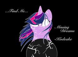 Size: 550x400 | Tagged: safe, artist:onyxpenstroke, derpibooru import, twilight sparkle, black background, cover art, cracked, crystal ball, simple background, solo, title