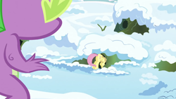 Size: 1280x720 | Tagged: safe, screencap, fluttershy, spike, dragon, pegasus, pony, season 1, winter wrap up, eyes on the prize, female, male, plot, snow