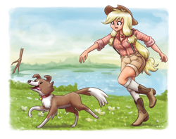 Size: 1615x1280 | Tagged: safe, artist:king-kakapo, applejack, winona, dog, human, boots, clothes, cowboy hat, cute, female, freckles, grass, hat, human female, humanized, jackabetes, long socks, plaid shirt, shoes, shorts, smiling, stetson, stick, suspenders, throwing, water