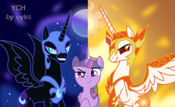 Size: 1600x980 | Tagged: safe, artist:oyks, daybreaker, nightmare moon, princess celestia, princess luna, twilight sparkle, twilight sparkle (alicorn), alicorn, pony, commission, ethereal mane, female, helmet, hoof shoes, mane of fire, mare, peytral, slit eyes, starry mane, trio, your character here