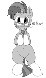 Size: 1155x1920 | Tagged: safe, artist:pabbley, sunburst, belly button, cute, dialogue, looking at you, monochrome, on back, simple background, solo, sunbetes, white background