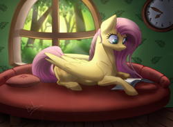 Size: 1024x752 | Tagged: safe, artist:bakud, fluttershy, pegasus, pony, book, female, fluttershy's cottage, folded wings, indoors, looking down, mare, prone, reading, sofa, solo, window, wings