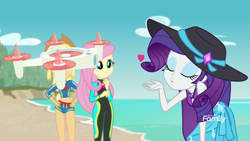 Size: 1920x1080 | Tagged: safe, screencap, applejack, fluttershy, rarity, better together, equestria girls, forgotten friendship, adorasexy, blowing a kiss, clothes, cute, drone, hat, heart, selfie drone, sexy, swimsuit, wetsuit