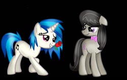 Size: 982x616 | Tagged: safe, artist:saltedsunsetshimmer, dj pon-3, octavia melody, vinyl scratch, earth pony, pony, unicorn, black background, female, floppy ears, flower, lesbian, mare, rose, scratchtavia, shipping, simple background, smiling