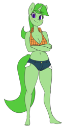 Size: 615x1202 | Tagged: safe, artist:skecchiart, oc, oc only, oc:lime dream, anthro, plantigrade anthro, unicorn, barefoot, belly button, clothes, daisy dukes, feet, female, mare, midriff, shorts, simple background, smiling, solo, white background