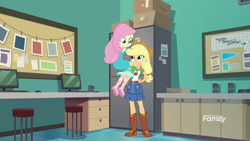 Size: 1920x1080 | Tagged: safe, screencap, applejack, fluttershy, better together, equestria girls, forgotten friendship, boots, carrying, clothes, cowboy hat, denim skirt, discovery family logo, dress, hat, lifting, sandals, shoes, skirt, stetson