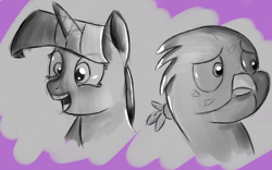 Size: 1280x797 | Tagged: safe, artist:itsthinking, derpibooru import, gabby, twilight sparkle, twilight sparkle (alicorn), alicorn, griffon, pony, the fault in our cutie marks, bust, monochrome, portrait