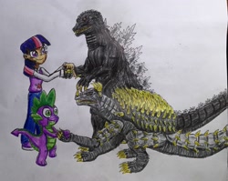 Size: 2545x2026 | Tagged: safe, artist:bozzerkazooers, derpibooru import, spike, twilight sparkle, human, kaiju, anguirus, crossover, godzilla, godzilla (series), humanized, traditional art, wat