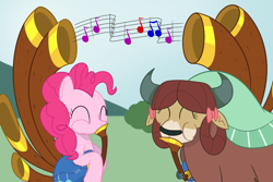 Size: 1200x800 | Tagged: safe, artist:mightyshockwave, pinkie pie, yona, earth pony, pony, yak, yakity-sax, bow, cute, diapinkes, duo, eyes closed, female, grass, mare, music, music notes, sky, yonadorable, yovidaphone