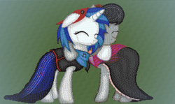 Size: 1167x696 | Tagged: safe, artist:askaniz, artist:zonra, dj pon-3, octavia melody, vinyl scratch, earth pony, pony, unicorn, clothes, crossover, eyes closed, female, floppy ears, lesbian, mare, minecraft, minecraft pixel art, pixel art, scratchtavia, shipping, smiling