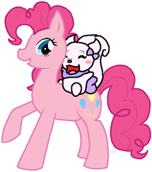 Size: 467x527 | Tagged: safe, artist:noobynewt, pinkie pie, earth pony, pony, baby, crossover, eyes closed, female, mare, neopets, open mouth, riding, simple background, smiling, transparent background, usul