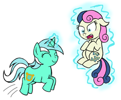 Size: 726x601 | Tagged: safe, artist:darlimondoll, bon bon, lyra heartstrings, sweetie drops, earth pony, pony, unicorn, blushing, bon bon is not amused, duo, eyes closed, floppy ears, levitation, magic, open mouth, simple background, smiling, telekinesis, unamused, white background, wrong magic color