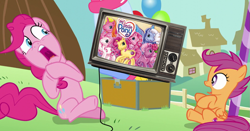 Size: 1101x579 | Tagged: safe, edit, edited screencap, screencap, pinkie pie, scootaloo, earth pony, pony, g3, the one where pinkie pie knows, scared, screaming, television