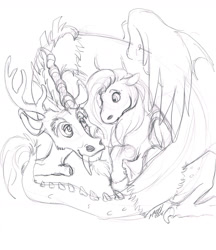 Size: 1240x1435 | Tagged: safe, artist:carnivorouscaribou, discord, fluttershy, draconequus, pegasus, pony, duo, female, looking at each other, male, monochrome, raised hoof, sitting, sketch, traditional art, unshorn fetlocks