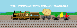 Size: 1024x378 | Tagged: safe, artist:dwayneflyer, derpibooru exclusive, oc, oc only, oc:dawnsong, derpibooru, derpibooru logo, downvote, favorite, food, meta, muffin, thomas the tank engine, thomas-fied, train, upvote