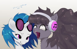 Size: 1400x892 | Tagged: safe, artist:xbi, derpibooru exclusive, dj pon-3, octavia melody, vinyl scratch, earth pony, pony, unicorn, 30 minute art challenge, headphones, impossibly long hair, open mouth