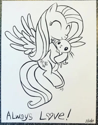 Size: 898x1139 | Tagged: safe, artist:jaykincer, angel bunny, fluttershy, pegasus, pony, monochrome, positive ponies