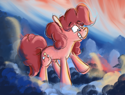 Size: 1280x972 | Tagged: safe, pinkie pie, earth pony, pony, cloud, cloudy, female, jumping, mare, sky, smiling, solo