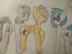 Size: 512x384 | Tagged: safe, anonymous artist, dj pon-3, octavia melody, vinyl scratch, oc, oc:applefai, earth pony, pony, bowtie, cowboy hat, hat, laughing, smiling, sunglasses, traditional art