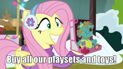 Size: 1280x720 | Tagged: safe, edit, edited screencap, screencap, fluttershy, pegasus, pony, best gift ever, buy our toys, caption, cheat commandos, doll, holly the hearths warmer doll, homestar runner, image macro, meme, rainbow falls (location), snow, text, to sell toys, toy