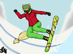 Size: 2000x1500 | Tagged: safe, artist:spokenmind93, applejack, anthro, unguligrade anthro, boots, cutie mark, helmet, shoes, signature, snow, snowboard, tail, winter, winter olympics