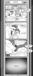 Size: 1451x3300 | Tagged: safe, artist:loreto-arts, princess celestia, spike, twilight sparkle, twilight sparkle (alicorn), alicorn, dragon, pony, comic:friendship is innuendo, comic:friendship is innuendo vol. 2, magic, monochrome