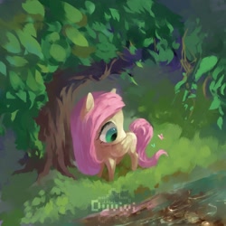 Size: 2000x2000 | Tagged: safe, artist:duvivi, fluttershy, butterfly, pegasus, pony, cute, female, folded wings, head turn, high res, looking at something, looking down, mare, outdoors, overhead view, river, shyabetes, solo, standing, top down, under the tree, water, watermark, wings