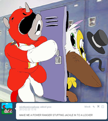 Size: 750x840 | Tagged: safe, artist:applebeans, oc, oc only, oc:jackleapp, oc:mic the microphone, griffon, pony, unicorn, griffonsona, locker, lockers, male, musician, ponysona, power rangers, tumblr, wat