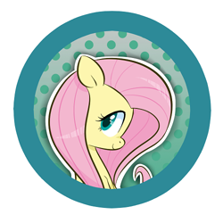 Size: 500x500 | Tagged: safe, artist:jessy, fluttershy, pegasus, pony, abstract background, bust, button, cute, dots, female, mare, shyabetes, smiling, solo