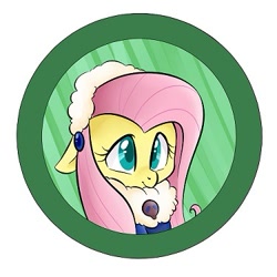 Size: 375x375 | Tagged: safe, artist:jessy, fluttershy, pegasus, pony, abstract background, bust, button, clothes, cute, female, mare, shyabetes, smiling, solo