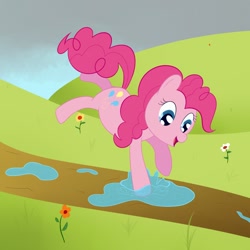 Size: 1280x1280 | Tagged: safe, artist:nitei, pinkie pie, earth pony, pony, cloud, dirt path, flower, grass, jumping, open mouth, path, playing, puddle, smiling, solo, splash, stormcloud