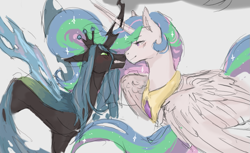 Size: 967x593 | Tagged: safe, artist:spushii, princess celestia, queen chrysalis, alicorn, changeling, changeling queen, pony, blushing, chryslestia, duo, female, horn, horns are touching, lesbian, mare, nose to nose, shipping, tsundalis