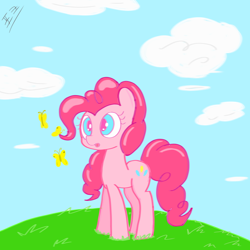 Size: 3066x3066 | Tagged: safe, artist:fork, pinkie pie, earth pony, pony, cloud, cute, grass, meadow, pink, sky, solo, yellow butterfly, 포크