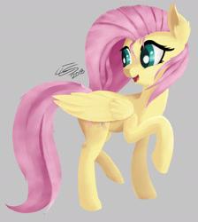 Size: 1024x1145 | Tagged: safe, artist:sigilponies, fluttershy, pegasus, pony, female, folded wings, gray background, head turn, looking away, looking back, mare, open mouth, raised hoof, raised leg, simple background, smiling, solo, standing, stray strand, wings