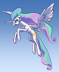 Size: 902x1094 | Tagged: safe, artist:nadnerbd, princess celestia, alicorn, pony, angry, blue background, female, floppy ears, flying, mare, open mouth, profile, simple background, solo, spread wings, wings