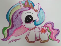 Size: 1280x964 | Tagged: safe, artist:pinkberryprincess, princess celestia, alicorn, pony, chibi, cute, cutelestia, female, heart eyes, hoof shoes, jewelry, mare, signature, smiling, solo, tiara, traditional art, weapons-grade cute, wingding eyes