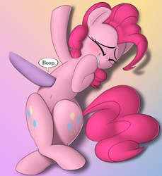 Size: 1740x1900 | Tagged: safe, artist:january3rd, derpibooru import, pinkie pie, twilight sparkle, earth pony, pony, belly button, bellyrubs, blushing, boop, both cutie marks, disembodied hoof, eyes closed, female, gradient background, mare, shipping, tickling, twinkie